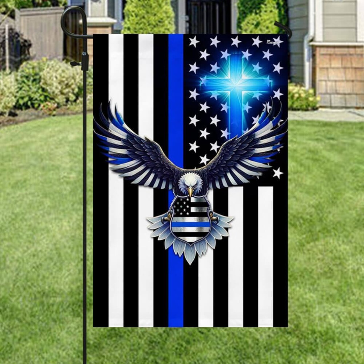 American Flag - The Thin Blue Line. Police. Law Enforcement American Eagle Flag TPT1581F, Garden Flag (11.5" x 17.5") - USA Flags Premium Polyester